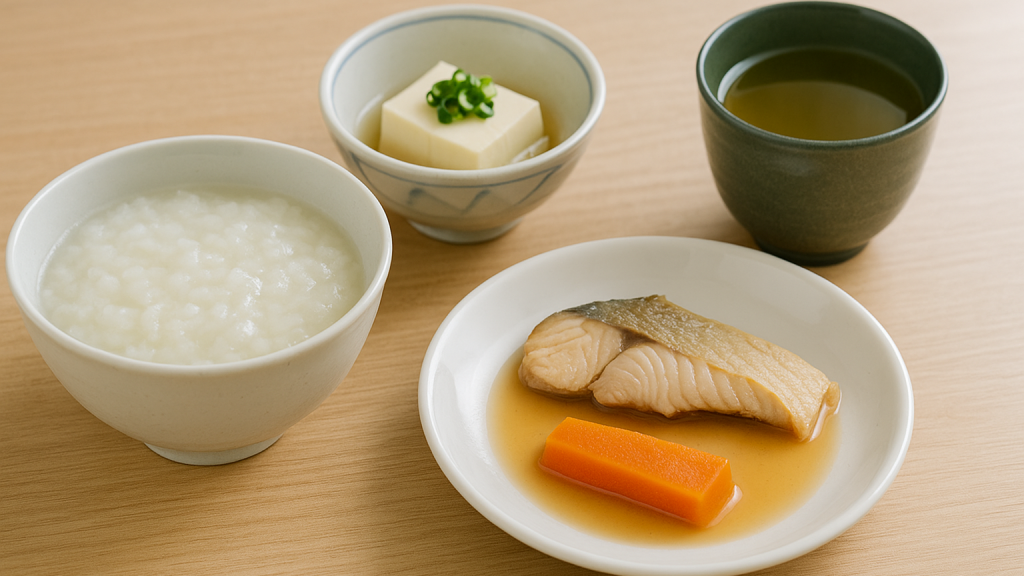 検査前日に適した低残渣の食事例（おかゆ・白身魚・やわらかい野菜・湯豆腐）。避ける食材が多い中で何を選べばよいかが具体的に分かり安心につながります。