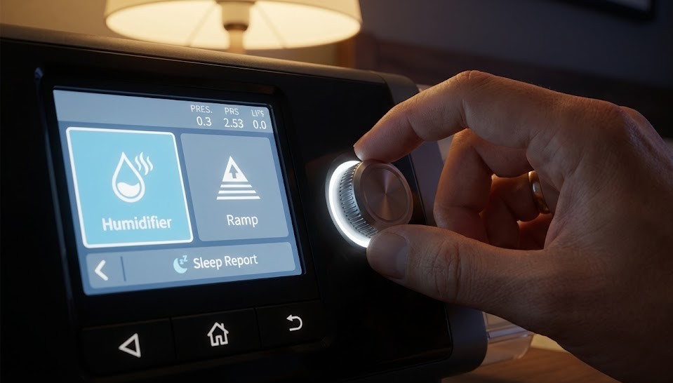 CPAPの加湿機能やランプ機能を設定し、快適な睡眠環境を整える様子