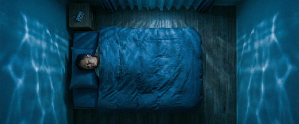 暗い寝室で眠っている日本人男性のイメージ。その上に「消化器内科が挑む、睡眠治療」「薬が効かない胸やけ。改善しない肝機能。」「原因は、毎晩繰り返される「窒息」かもしれません。」と記載されている。