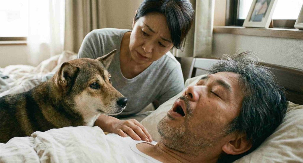 睡眠中に大きないびきをかく男性と、それを心配そうに見つめるパートナーの様子