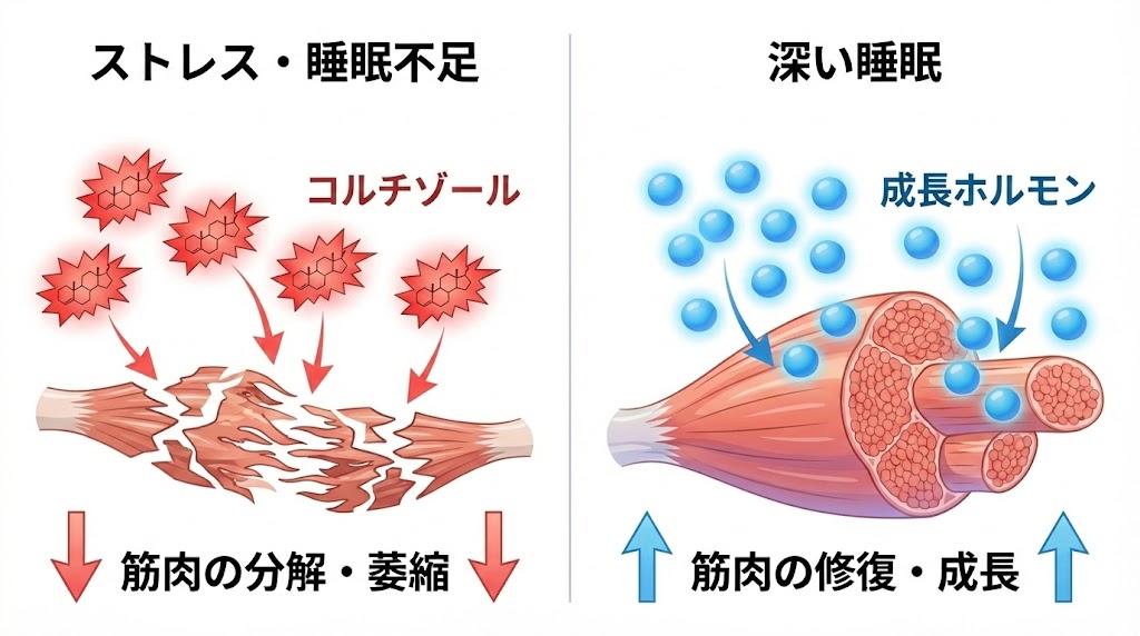 睡眠不足によるコルチゾール増加が筋肉を分解し、基礎代謝を低下させるメカニズムの図解。
