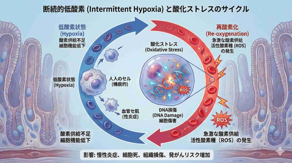 呼吸停止による低酸素と再酸素化が細胞に酸化ストレスを与えDNAを傷つけるメカニズムの図解