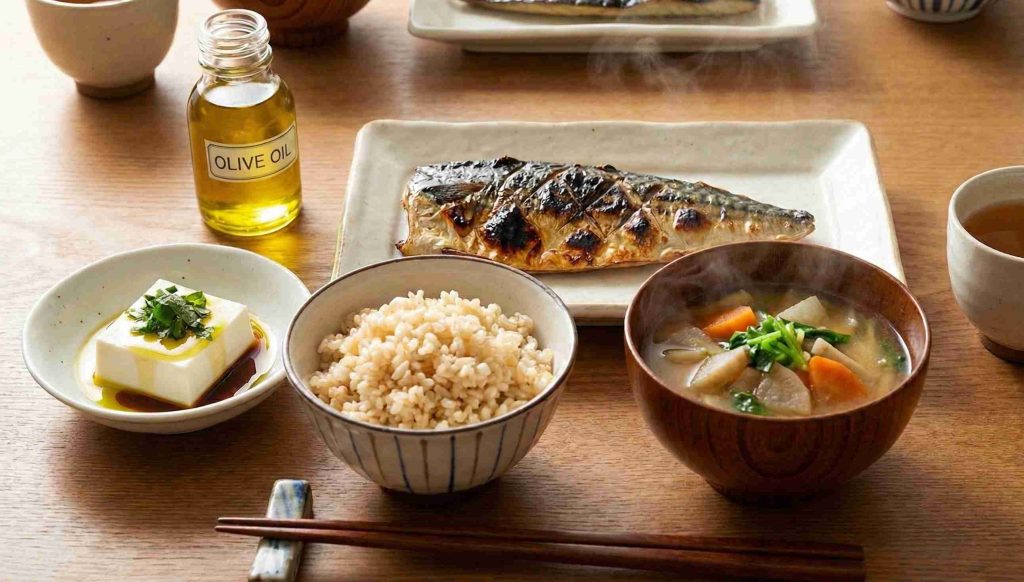 青魚や野菜、オリーブオイルを取り入れた肝臓に優しい和食の献立例