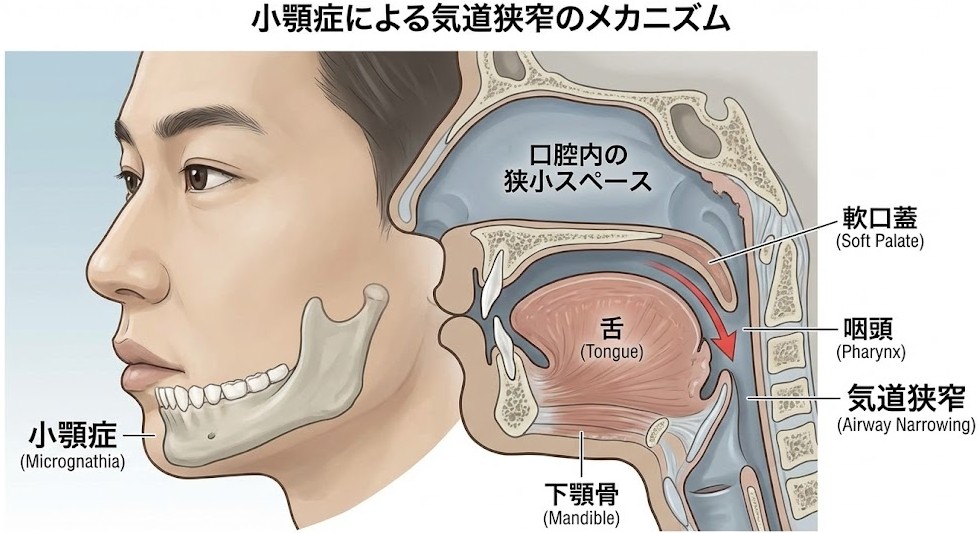 あごが小さい骨格（小顎症）の人が、舌のスペースが狭くなり気道が圧迫されやすい様子を示した解剖図
