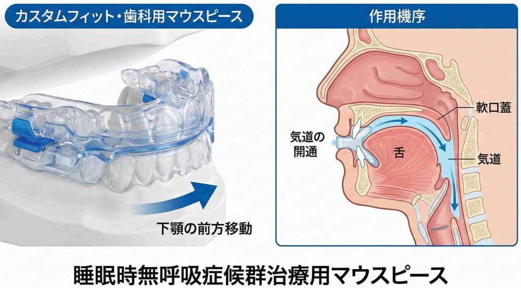 睡眠時無呼吸症候群治療用のマウスピース(OA)と気道が広がる仕組みの図解