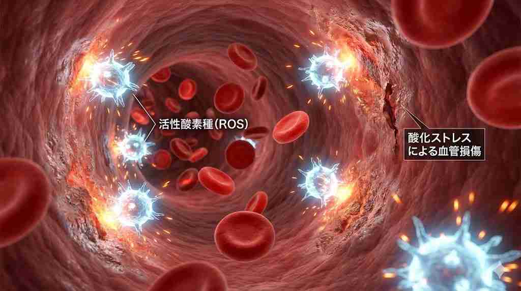 血管内で発生した活性酸素（酸化ストレス）が血管壁を攻撃し、傷つけている様子のミクロ図解
