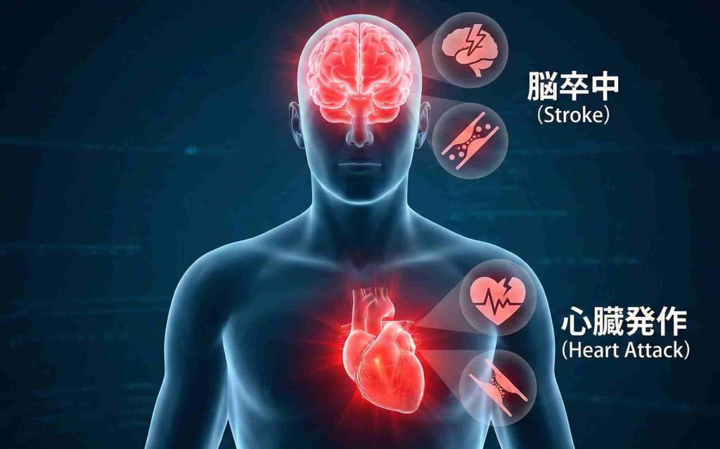 睡眠時無呼吸と高血圧が引き起こす脳卒中や心筋梗塞のリスクを示した人体図
