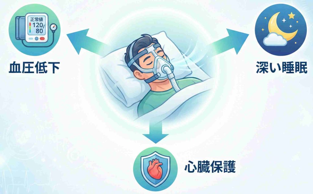 CPAP治療により血圧低下や睡眠の質改善、心臓保護などのメリットが得られることを示すインフォグラフィック