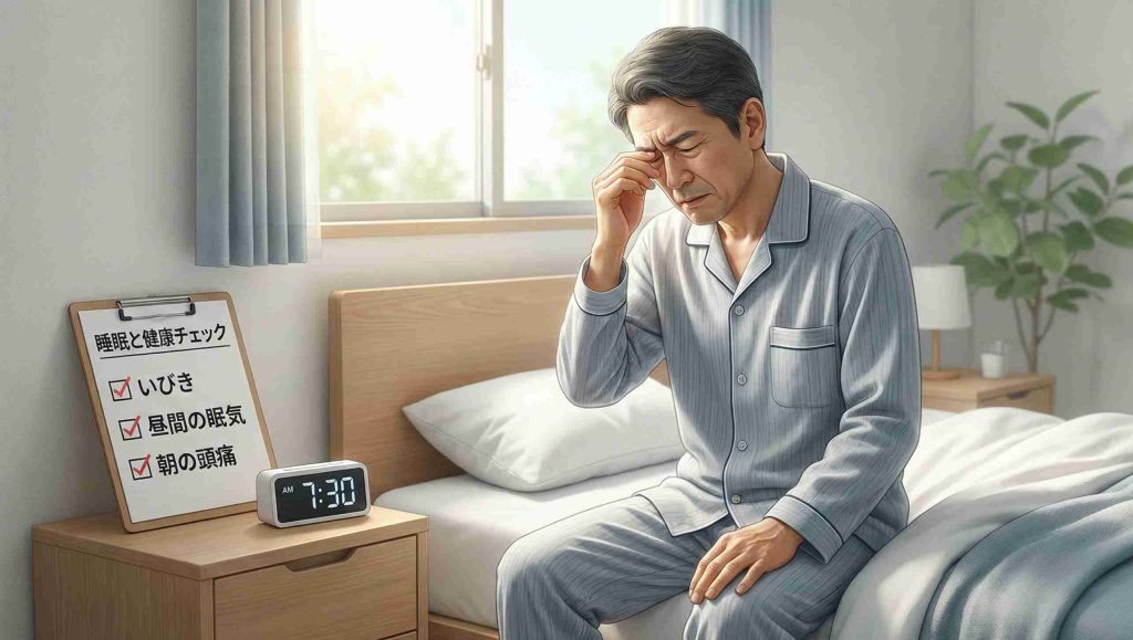 起床時の頭痛や日中の眠気に悩む男性と睡眠時無呼吸症候群の症状チェックリスト