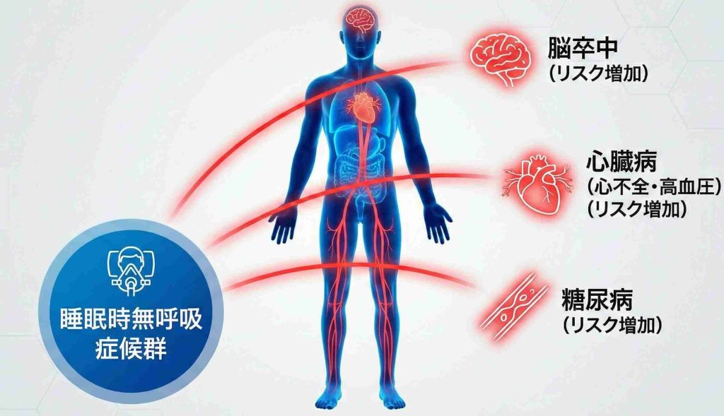 睡眠時無呼吸症候群の合併症リスク:脳卒中、心筋梗塞、高血圧、糖尿病への影響を示す人体図