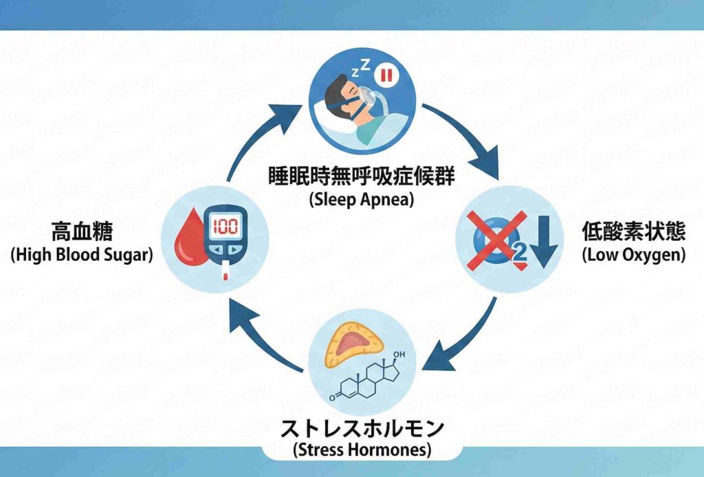 睡眠時無呼吸症候群が低酸素状態とストレスホルモン分泌を招き、血糖値を上昇させる悪循環のメカニズム図解