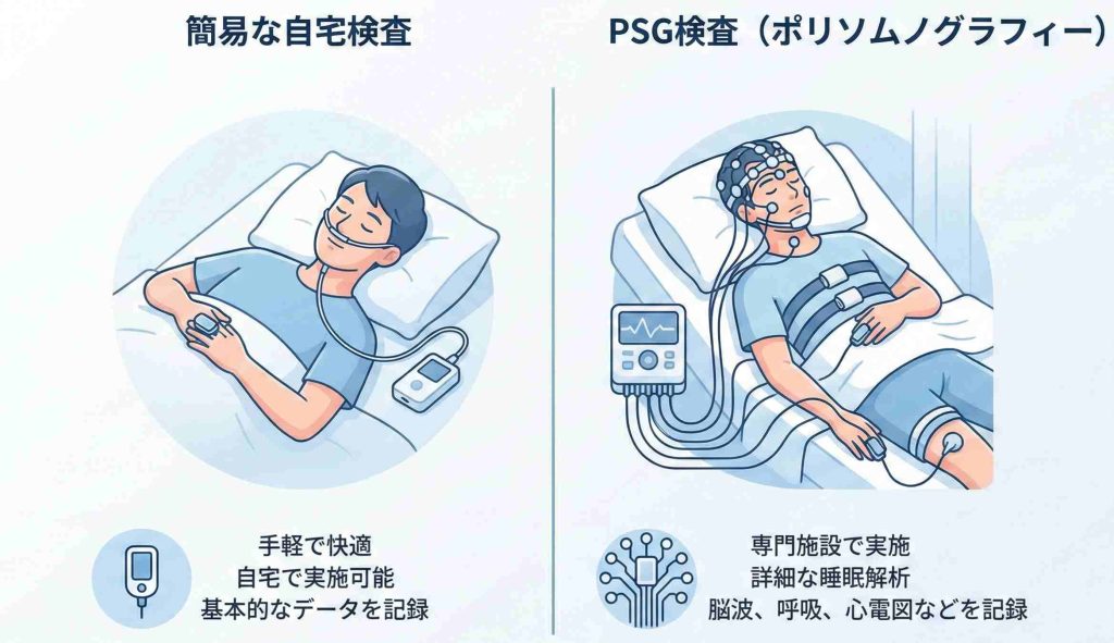 睡眠時無呼吸症候群の簡易検査と精密検査(PSG)の装着イメージ比較図