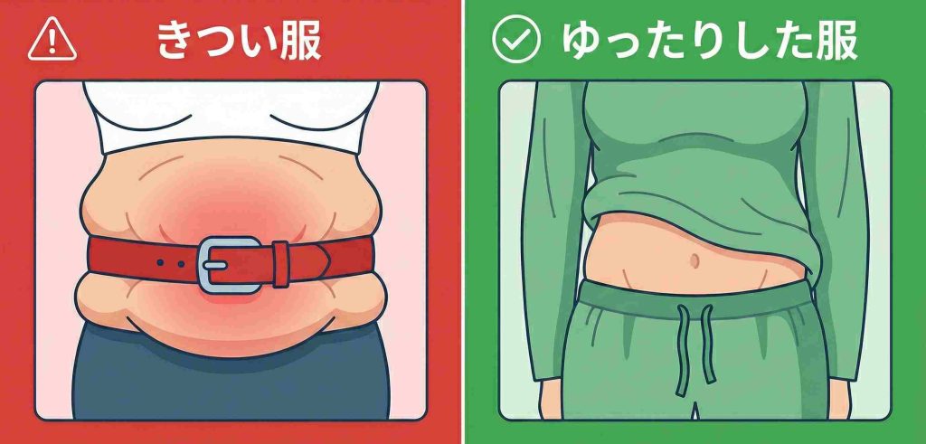 お腹を締め付けるきついベルトと、胃に優しいゆったりした服装を比較したイラスト。
