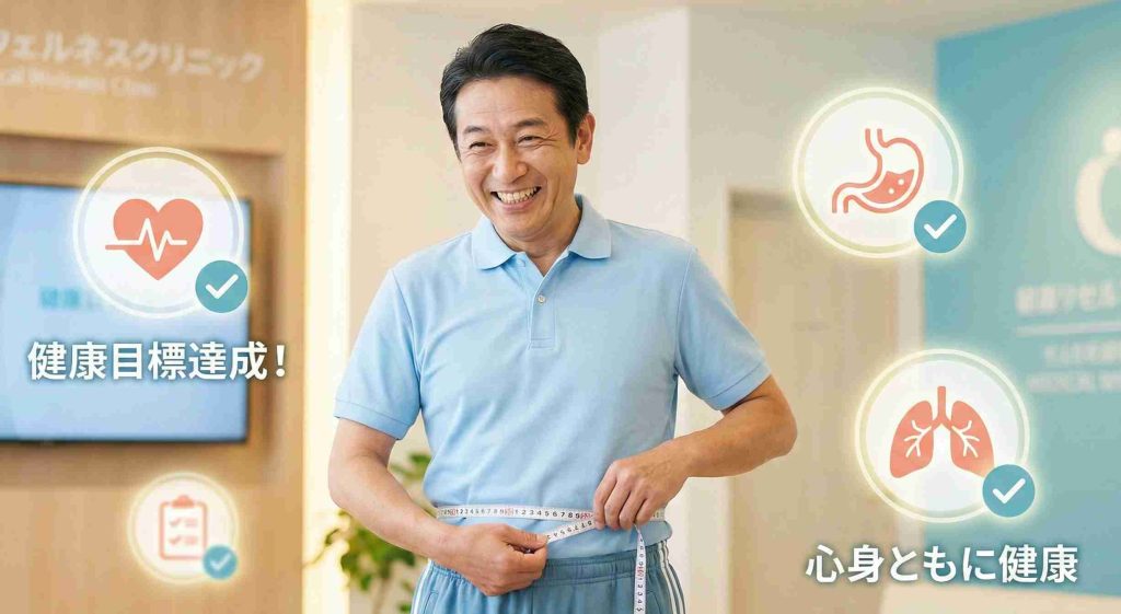 腹囲をメジャーで測定し、減量による健康改善を実感している男性のイメージ。