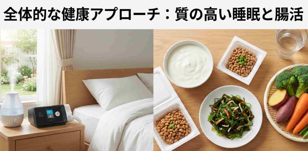 睡眠時無呼吸症候群の治療に使われるCPAP装置と、腸内環境を整える発酵食品や食物繊維のイメージ画像