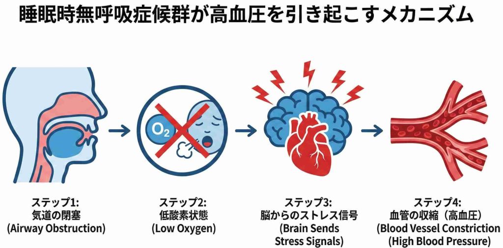 睡眠時無呼吸により酸素不足になり、脳がストレスを感じて血管が収縮するメカニズムの図解