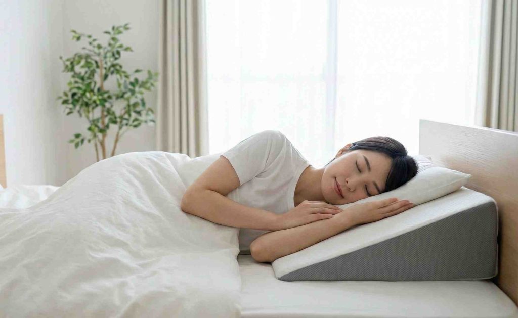 逆流性食道炎対策として推奨される、左側を下にして上半身を少し高くした姿勢で眠る女性のイメージ。