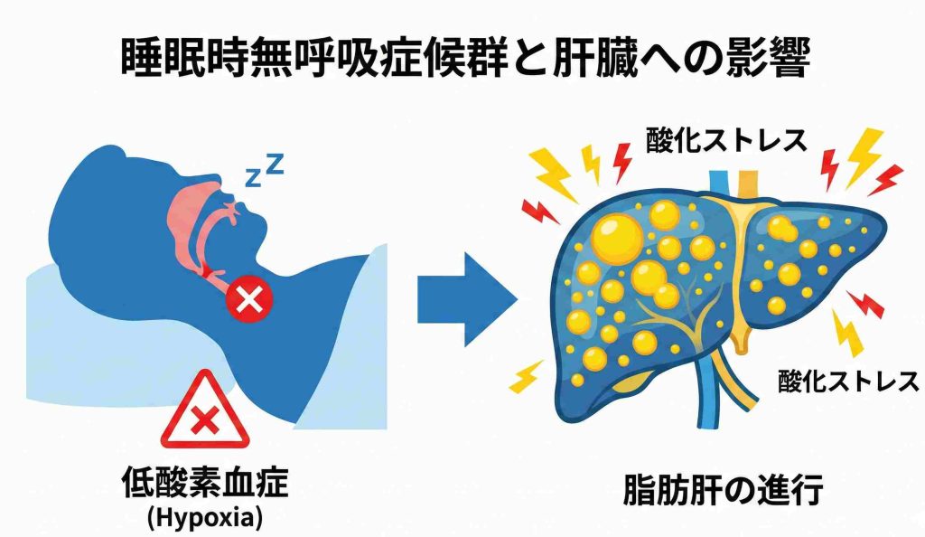 睡眠時無呼吸症候群による酸素不足が脂肪肝を悪化させるメカニズムの図解