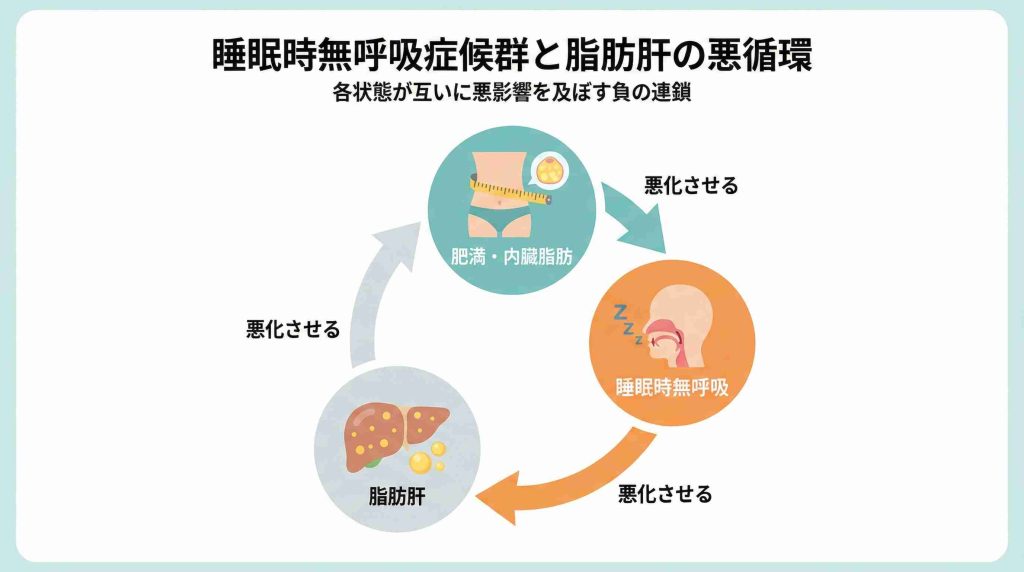 肥満、睡眠時無呼吸症候群、脂肪肝が互いに影響し合い悪化していく「負の連鎖」を示すサイクル図
