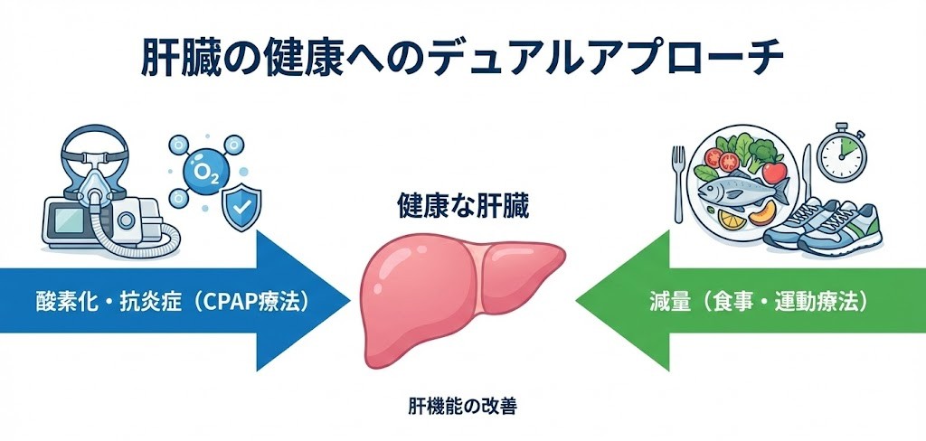 CPAPによる抗炎症作用と生活習慣改善による脂肪減少の相乗効果で肝臓が健康になるイメージ図