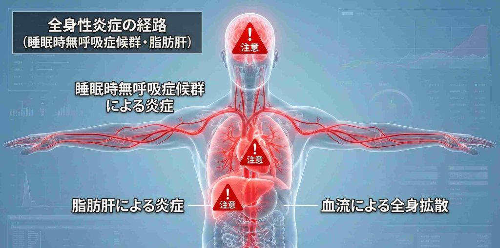 脂肪肝と無呼吸症候群が原因で心臓や脳血管へ悪影響が及ぶリスクを示した人体図