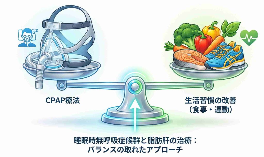 CPAP療法と食事運動療法のバランスが肝臓といびきの治療に重要であることを示すイメージ図
