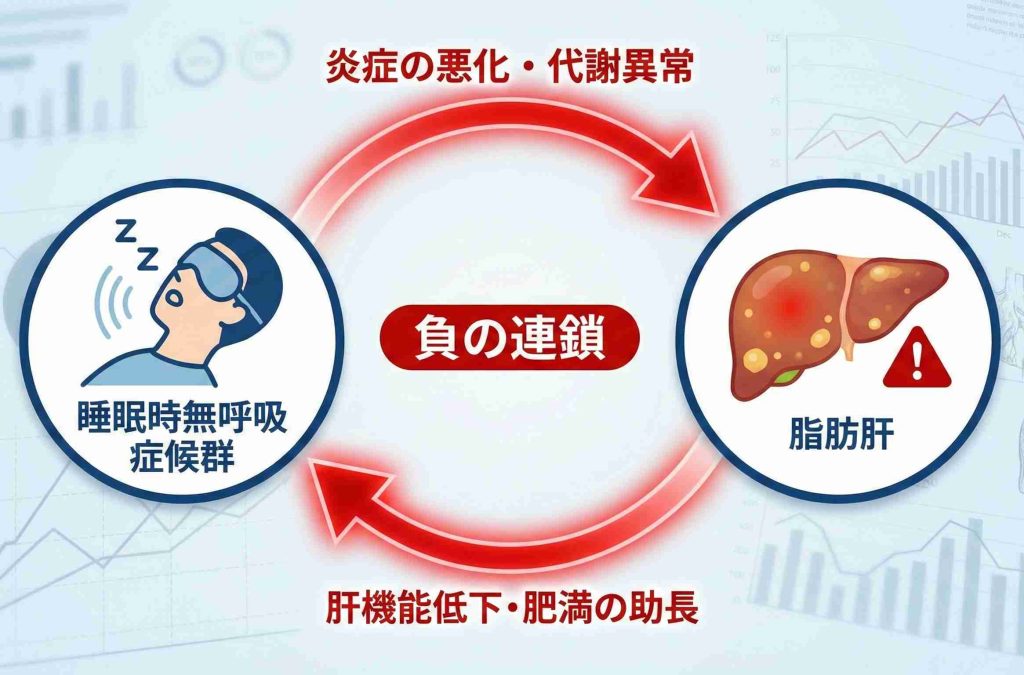 睡眠時無呼吸症候群による低酸素と脂肪肝の炎症が悪循環を起こしている図解