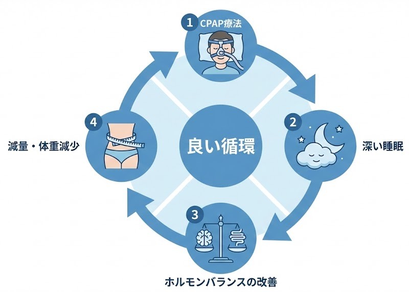 CPAP治療から始まるダイエットの好循環サイクル図。良質な睡眠がホルモンバランスを整え、体重減少につながる流れ。
