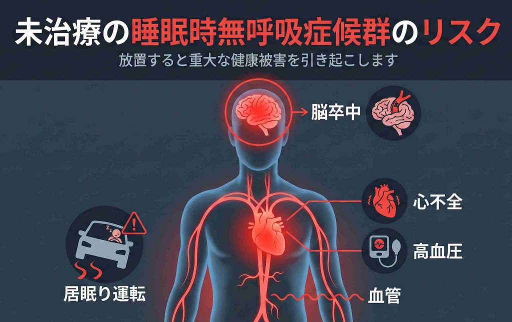 睡眠時無呼吸症候群が引き起こす高血圧・脳卒中などの合併症リスク図