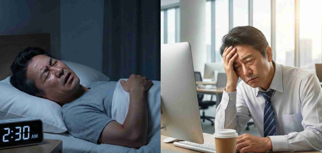 睡眠時無呼吸症候群の症状:夜間の激しいいびきと日中の耐え難い眠気・倦怠感のイメージ