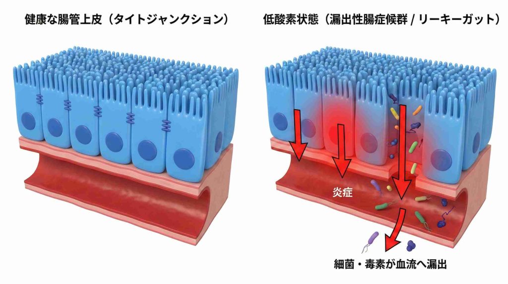 腸の粘膜細胞の結合が緩み、有害物質が血管内に漏れ出しているリーキーガットの断面比較図