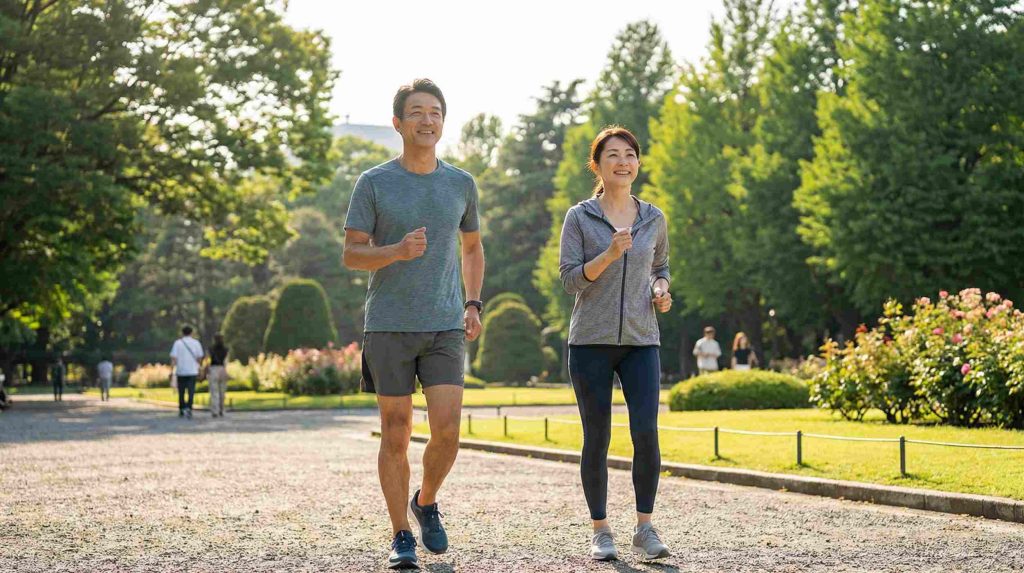 公園で快活にウォーキングを行う中高年の男女(有酸素運動のイメージ)