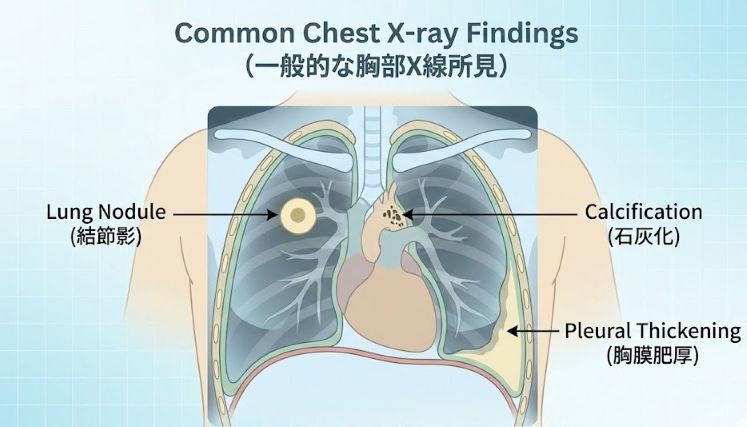 胸部X線で見られる異常影の種類を示す肺の図解