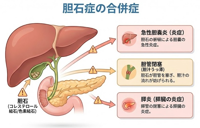 胆石による胆嚢炎・胆管炎・膵炎などの合併症リスク図