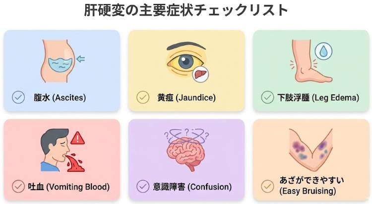 肝硬変で注意すべき6つの症状をアイコンで示したチェックリスト
