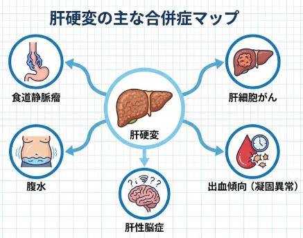 肝硬変の主な合併症（食道静脈瘤、肝がん、肝性脳症、腹水、出血傾向）を示したマップ図解