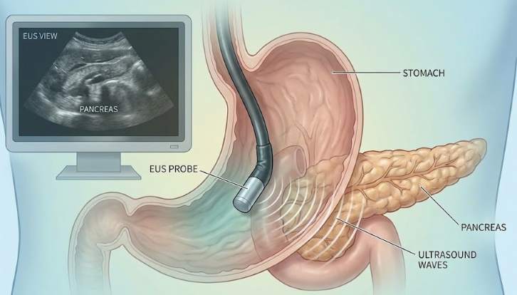 超音波内視鏡（EUS）で胃壁越しに膵臓を観察するイメージ図