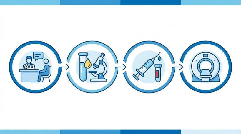 尿路結石が疑われる場合の検査フロー（問診・尿検査・採血・CT）