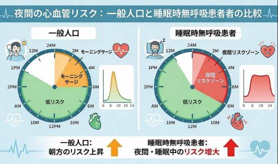 一般人口と睡眠時無呼吸患者における心臓突然死の発生時間帯比較図