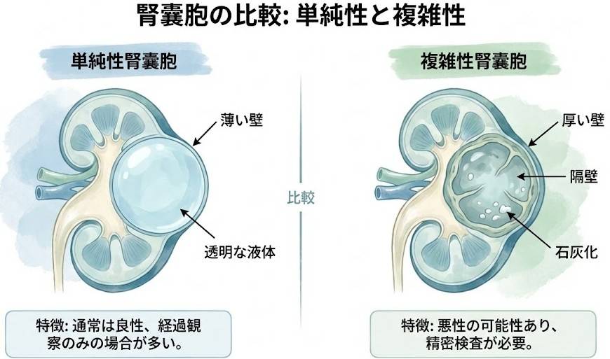単純性腎のう胞と複雑性腎のう胞の違いを示す図解