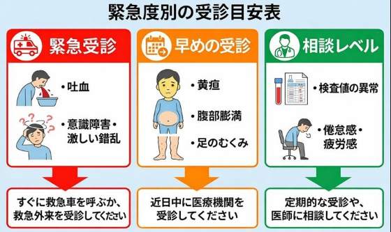 緊急受診・早めの受診・相談レベルの3段階で受診目安を示した図解