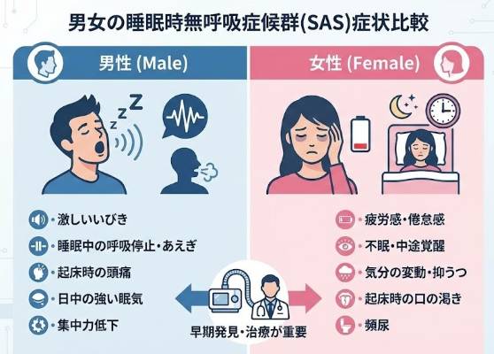男性と女性の睡眠時無呼吸症候群の症状比較表