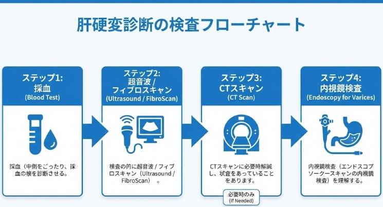 採血からエコー、必要時CT、内視鏡へと進む肝硬変検査の流れを示したフローチャート