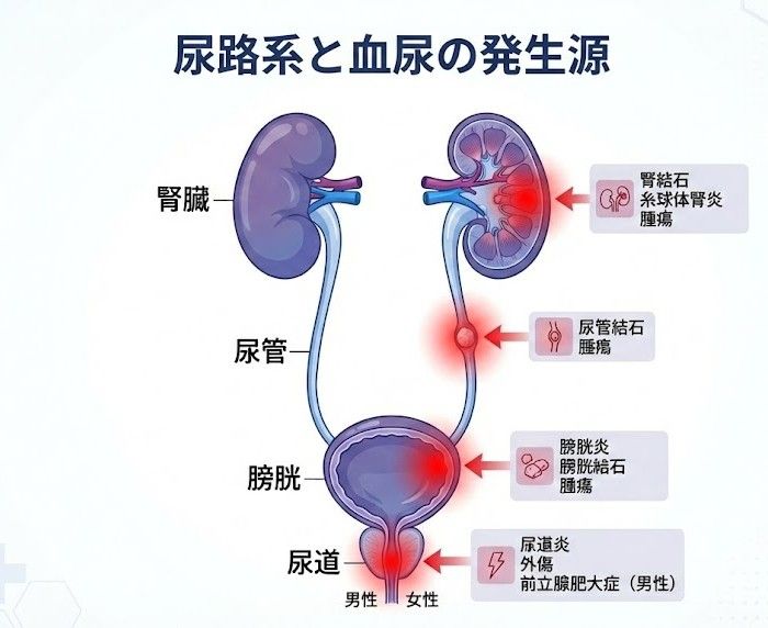 尿路系の解剖図と血尿が発生しうる部位の図解
