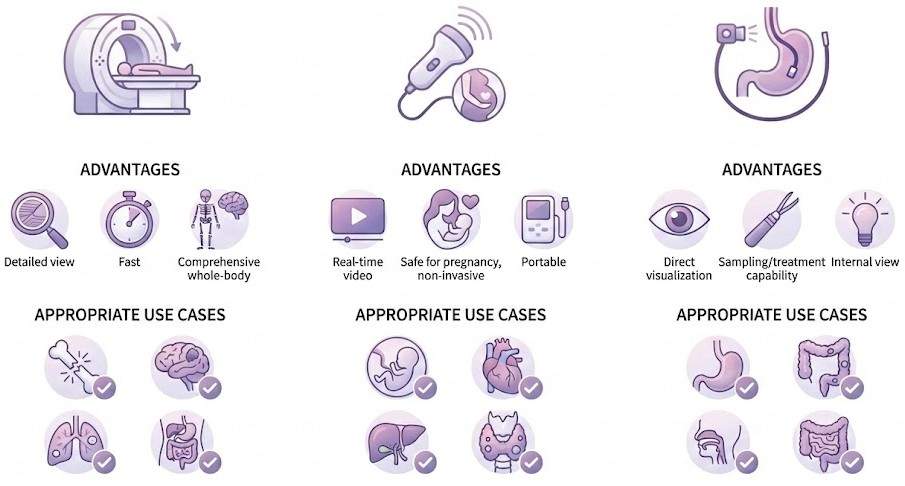 CT・超音波・内視鏡検査の特徴と使い分けを示す比較図