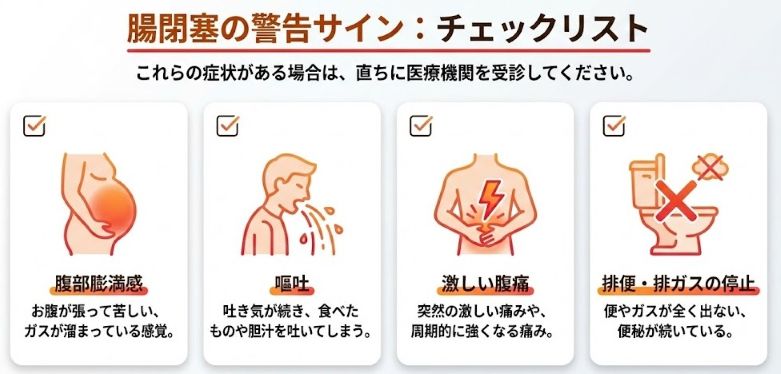 腸閉塞を疑う危険サインのチェックリスト(腹部膨満、嘔吐、激しい腹痛など)