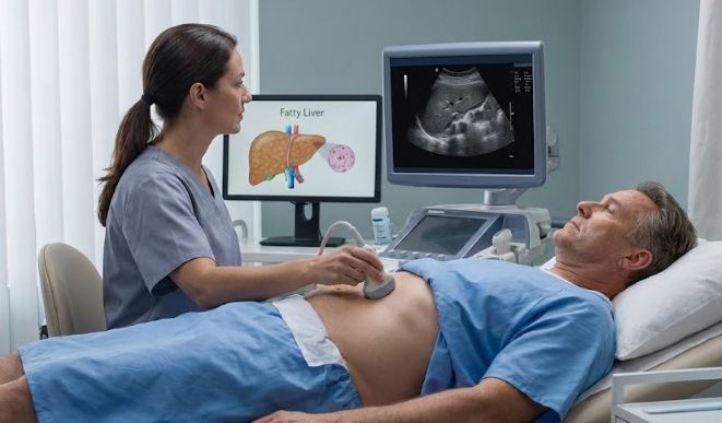 Alt属性(日本語):腹部超音波検査(エコー)で脂肪肝を評価している様子