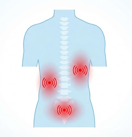 尿路結石で痛みが出やすい部位（背中・わき腹・下腹部）を示した図解