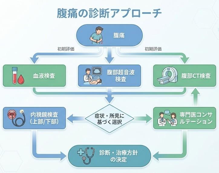 腹痛の検査フローチャート（血液検査・超音波検査・CT・内視鏡）