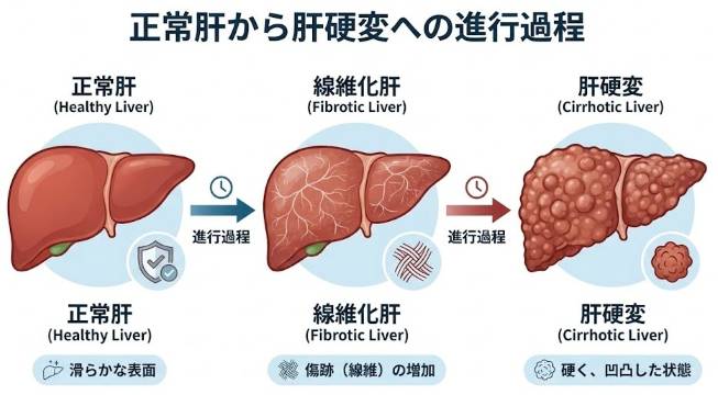 正常な肝臓から線維化を経て肝硬変に進行する過程を示した医学的図解